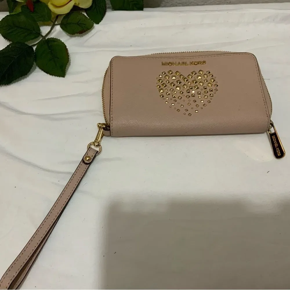 Michael Kors  Pink Studded heart  Design Zip Around Leather Wallet